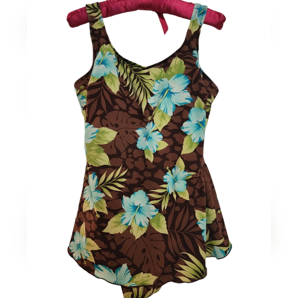 Jantzen 1 pc Brown Blue Tropical Floral Print Skirted Swimsuit SZ 18W